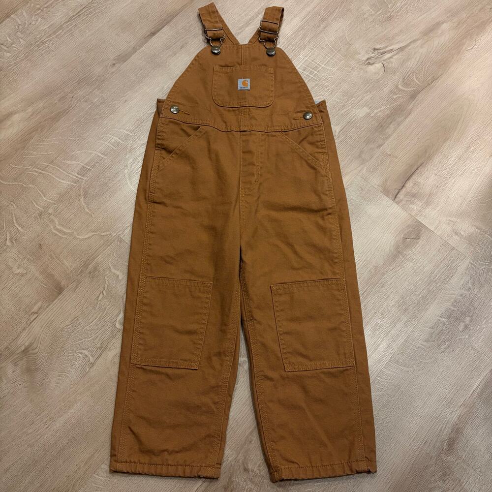 Carhartt Bib Overalls Boys 3T Toddler Flannel Lined Double Knee Brown Canvas